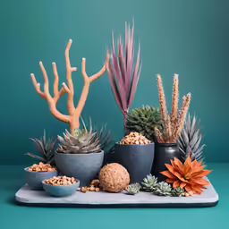 a variety of cacti in different pots sit atop a slate tray
