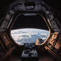 a space station window overlooking clouds and a mountain