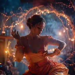 a woman standing on a stage next to lots of string lights