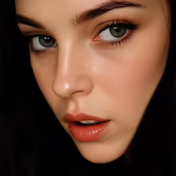 a beautiful young woman wearing large black lashes and orange lipstick