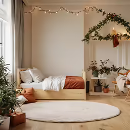 an unmade bedroom with lights and plants in the corner