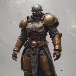 a soldier wearing heavy armor with a large helmet and large boots
