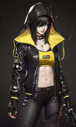 a woman with black hair and glasses is dressed in a leather outfit