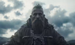 a man with beard and crown holding camera in front of cloudy sky