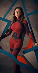 the woman is posing for a picture in her red suit