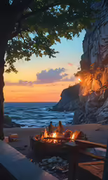 some people sitting around a fire pit on the shore at night