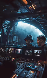 two men are sitting at a computer table
