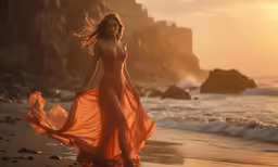 a woman standing on a beach, in an orange dress
