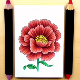 this is an image of a flower with two pencils,some pencils are next to an image of a flower,a notepad featuring a pink flower with a red stem next to two colored pencils,two pencils, and a drawing of a red flower,colored pencils sit next to a paper with a flower
