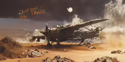 the war is flying in the desert with rocks and smoke