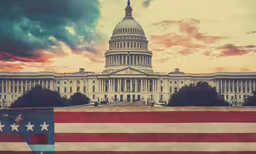 the capitol building and a american flag in front of a cloudy sky