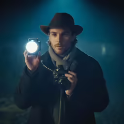 man holding light in dark photo with fog behind him
