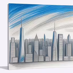 an art work of a pencil drawing of a city,a drawing of some skyscrapers on a blue background