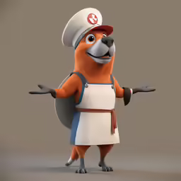 an animated animal with apron and hat on