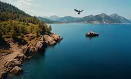 a large bird flying over a lake surrounded by woods
