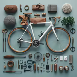 a bike is surrounded by various objects on a blue background