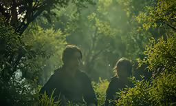 two people are walking through the woods together