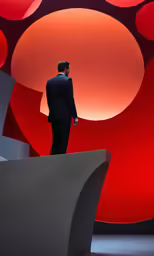 a man in black is standing next to a red round object