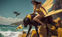 a woman dressed as an angel is riding on the back of a brown horse