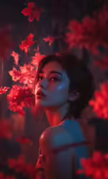 an asian woman stares intently at the camera with autumn foliage scattered over her