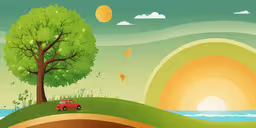 red car parked by tree near a lake,an orange car parked on top of a hill next to a tree