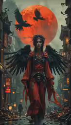 an asian - styled character is wearing red while walking through the street