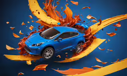a blue sports car crashing through a blue background,a blue sports car surrounded by flames in the background