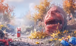 a red bloody face with a drink in it lying on the ground