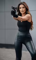 woman with guns pointing at something in her hand