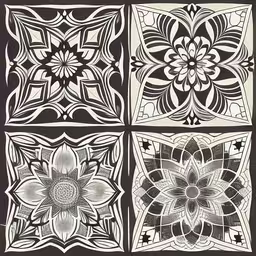 four floral pattern panels with flowers and petals,black and white ornamental tiles set
