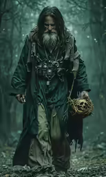a man in the woods holding a basket and looking at the camera