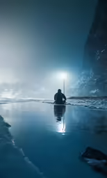 a man sits alone in the middle of the water
