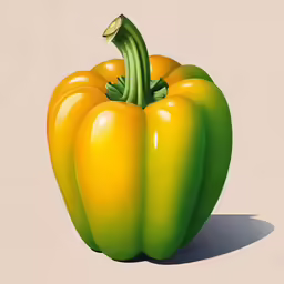 a green bell pepper sits in front of a tan background