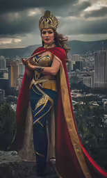 a woman wearing a blue and gold costume