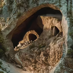 a group of animals sitting in a cave at a mountain