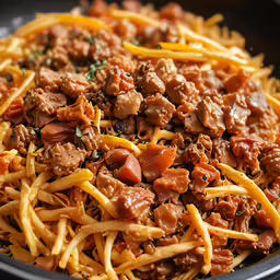 a wok filled with lots of meat and pasta