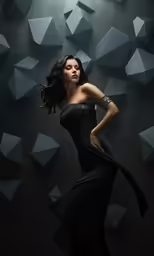 the beautiful, attractive lady poses in an elegant black gown