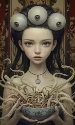 an alien girl with her hair in a bowl of spaghetti noodles