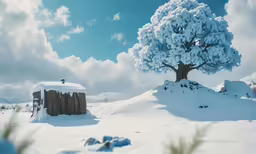 snow covered trees and fenced in fences in the middle of a sunny day