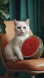 the cat is sitting on a brown chair next to a potted plant