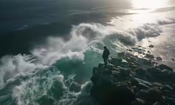 the man stands on a rocky outcropping looking at the waves