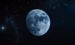 a blue moon with two stars above it