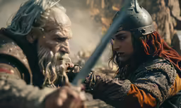 a man standing next to a woman in warrior clothes