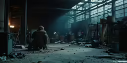 a man is sitting on the floor in an industrial factory