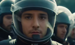 a group of men wearing helmets standing in line