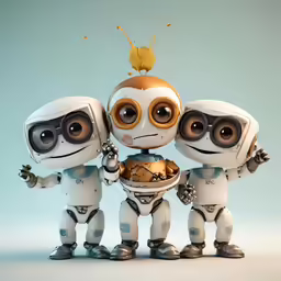 three little robots eating food together in the middle of the photo