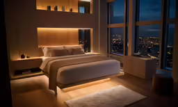 the bed is surrounded by two windows near each other