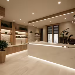 a clean modern bathroom with counter and lighting