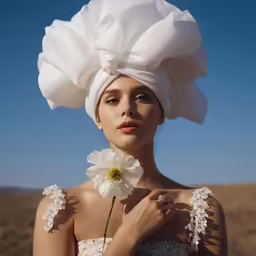 a woman standing in a desert field holding a white flower