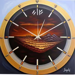 the clock has two hands and a painting on it,an art painting of a large clock that is in an art museum